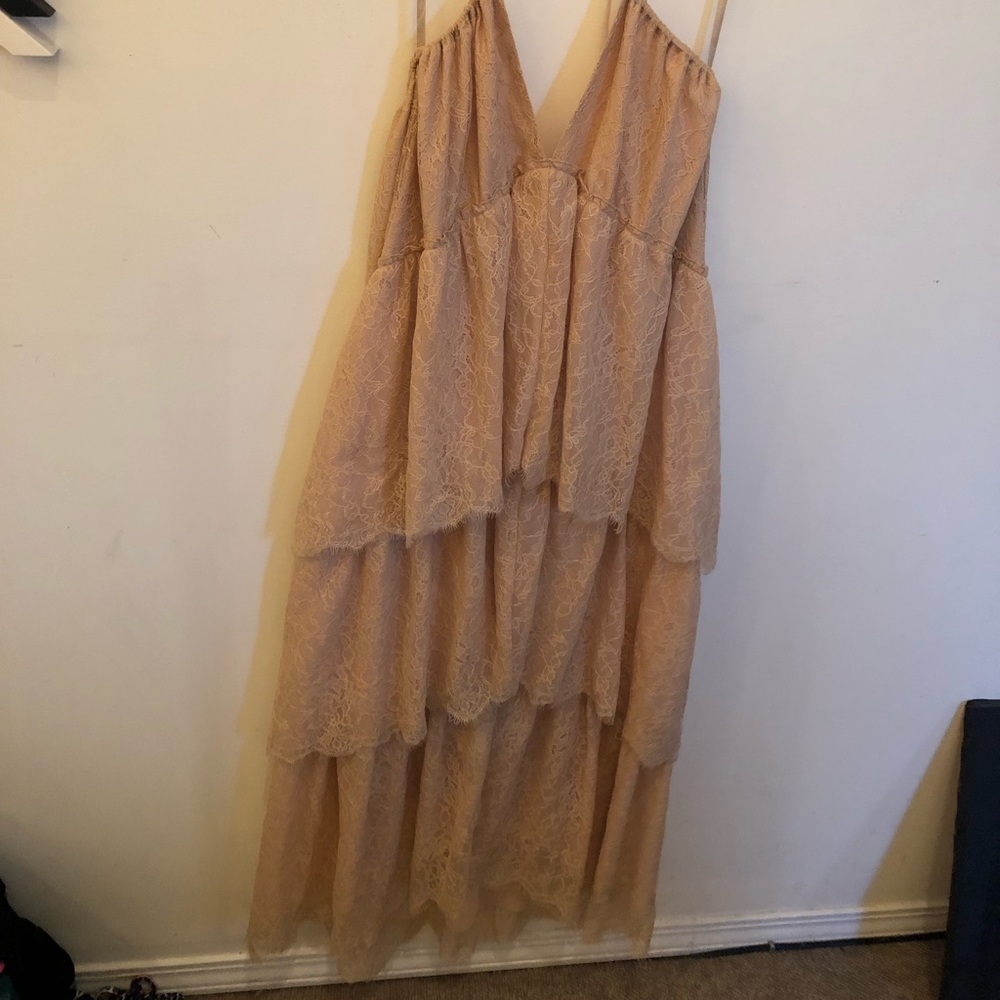 BCBG nude layered lace midi dress